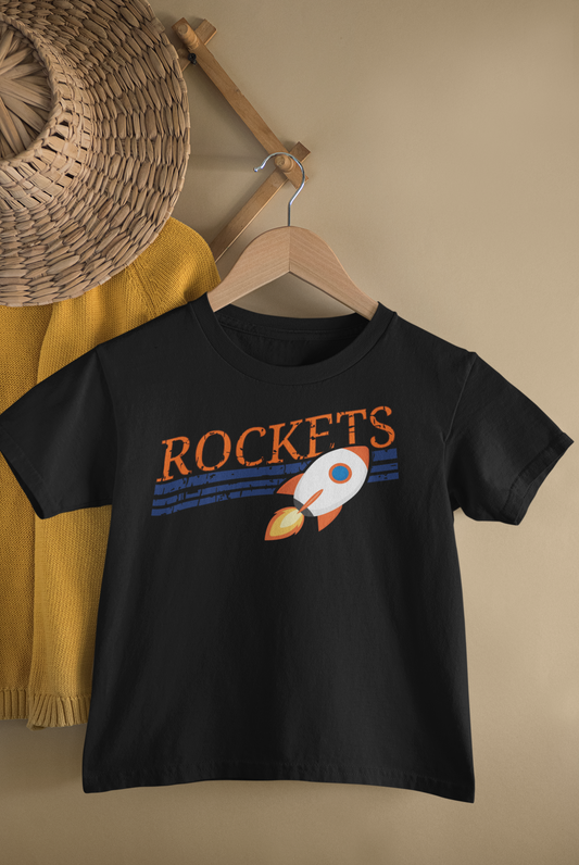 Rockets Orange and Navy Slanted Varsity Mascot Graphic Tee