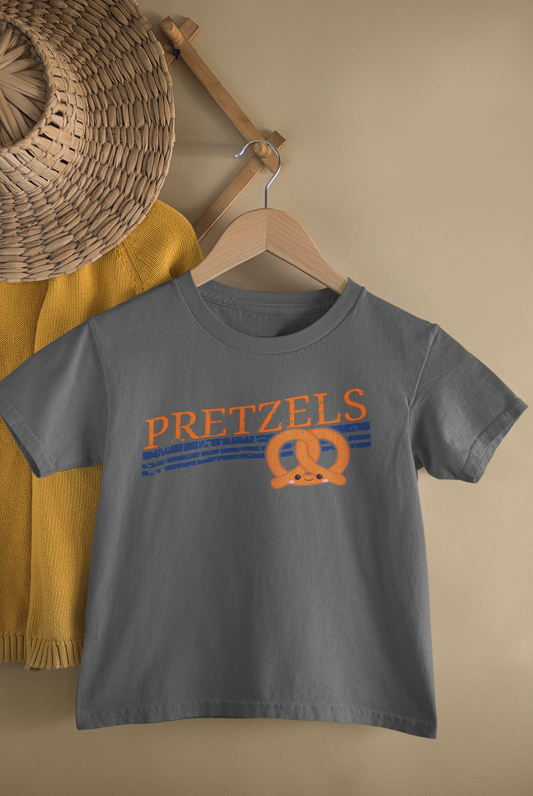 Pretzels Orange and Navy Distressed Slanted Varsity Mascot Graphic Tee