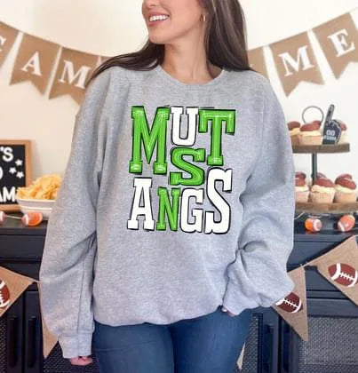 Mustangs Green and White Sporty Varsity Doodle DTF Transfer - Merch Girls