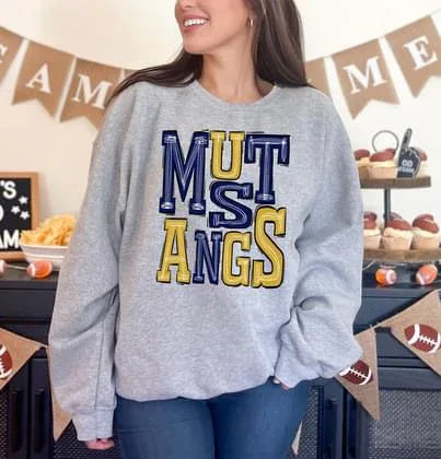 Mustangs Navy and Yellow Gold Sporty Varsity Doodle DTF Transfer - Merch Girls