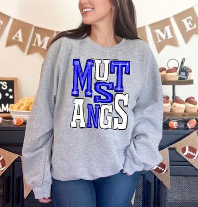 Mustangs Royal Blue and White Sporty Varsity Doodle DTF Transfer - Merch Girls