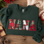 Nana Embroidered Christmas Plaid Personalized Sweatshirt | Custom Diamond Edge Name Appliqué