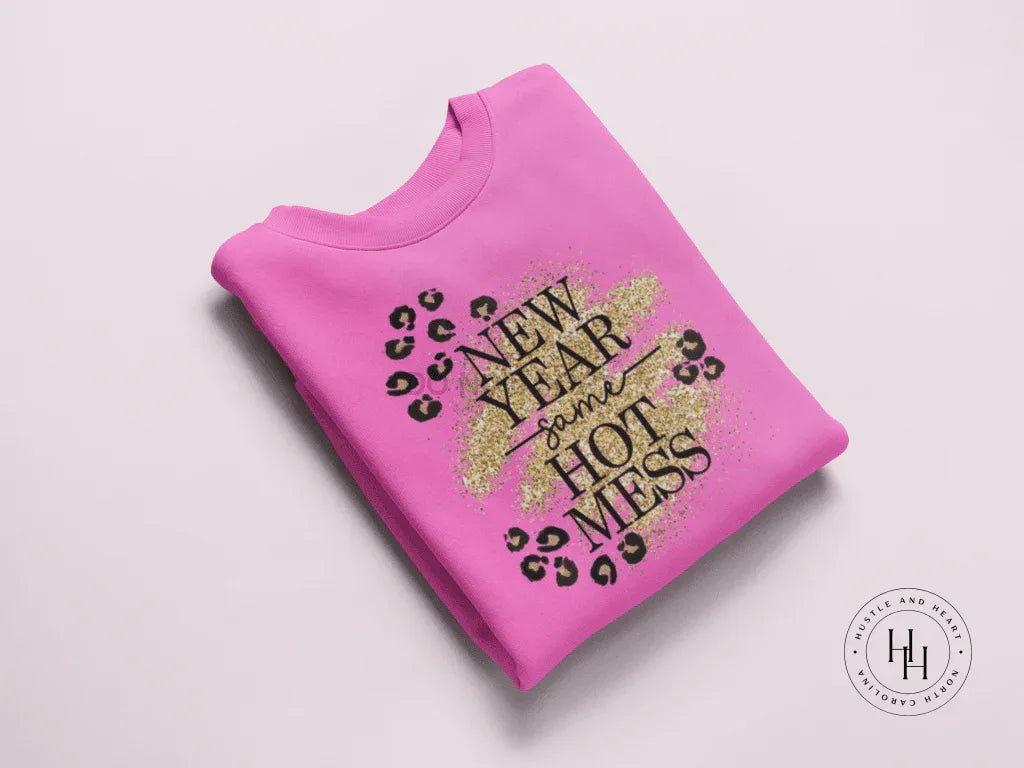 New Year Same Hot Mess Gold Faux Glitter and Leopard Celebration Graphic Tee or Sweatshirt - Merch Girls