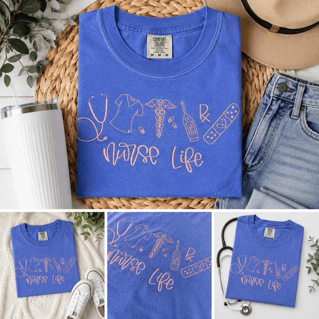 Blue t-shirt with 'Nurse Life' design on a woven mat with jeans and a hat.
