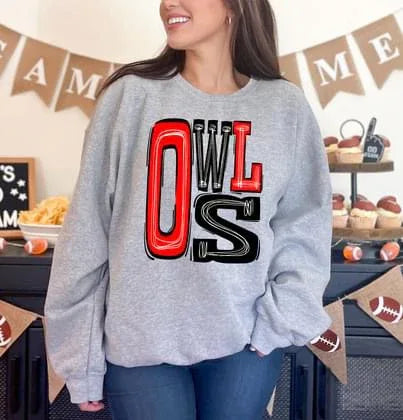Owls Red and Black Sporty Varsity Doodle DTF Transfer - Merch Girls