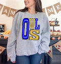 Owls Royal Blue and Yellow Gold Sporty Varsity Doodle DTF Transfer - Merch Girls