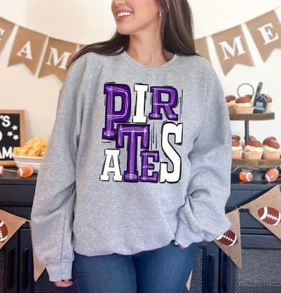 Pirates Purple and White Sporty Varsity Doodle DTF Transfer - Merch Girls