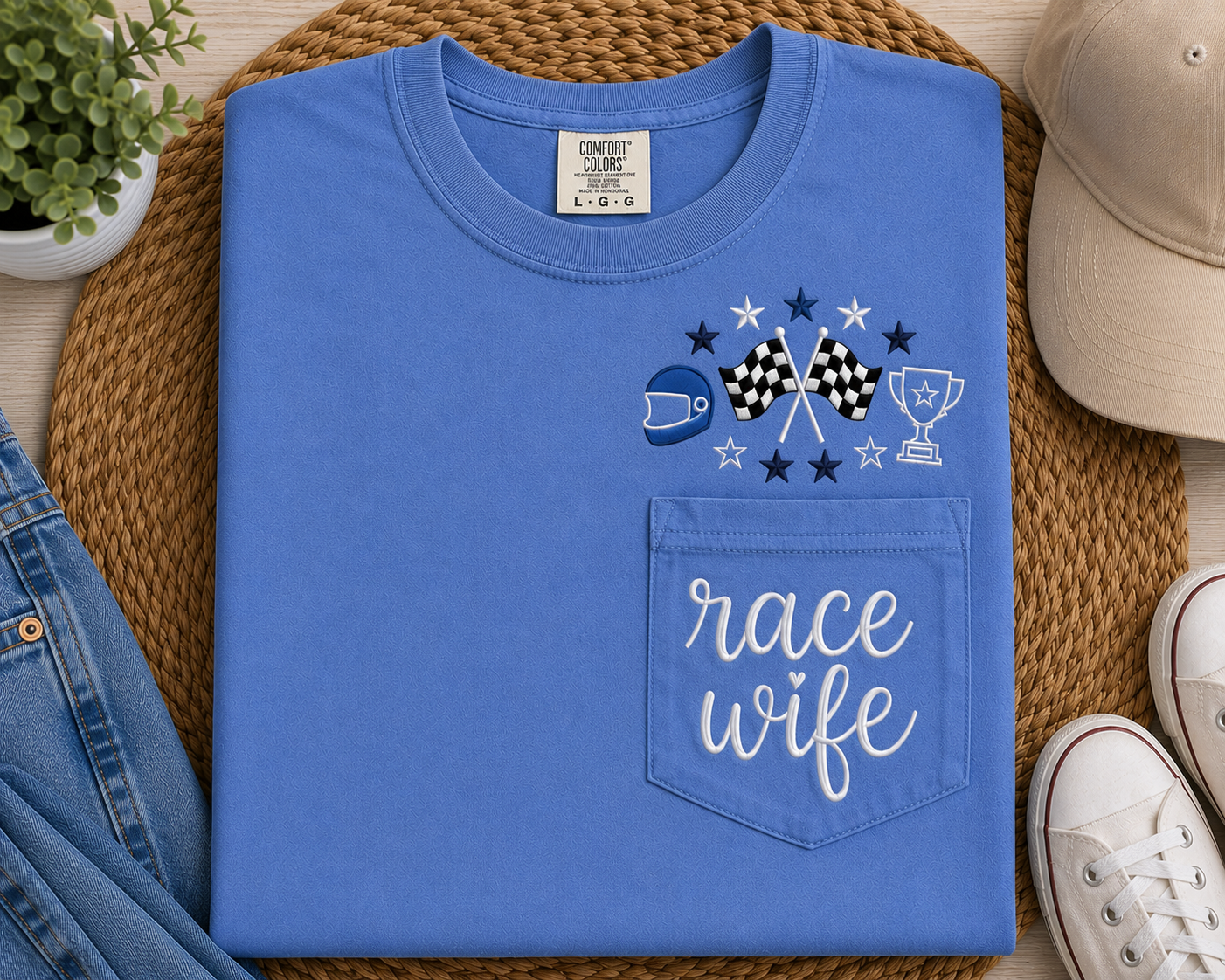 Race Wife & Race Mama Embroidered Pocket T-Shirt | Racing Shirt