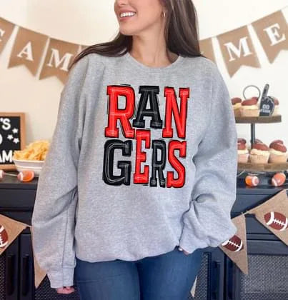 Rangers Red and Black Sporty Varsity Doodle DTF Transfer - Merch Girls