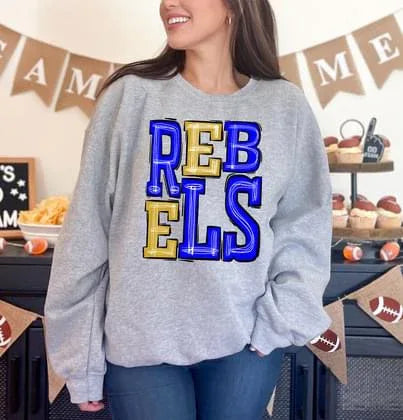 Rebels Royal Blue and Yellow Gold Sporty Varsity Doodle DTF Transfer - Merch Girls
