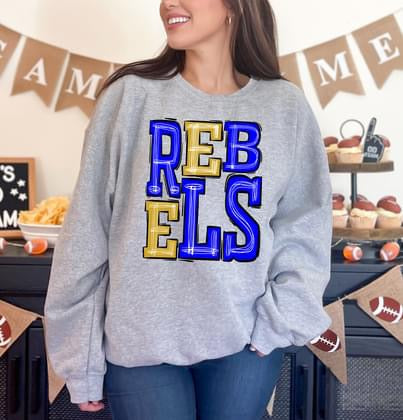 Rebels Royal Blue and Yellow Gold Sporty Varsity Doodle DTF Transfer