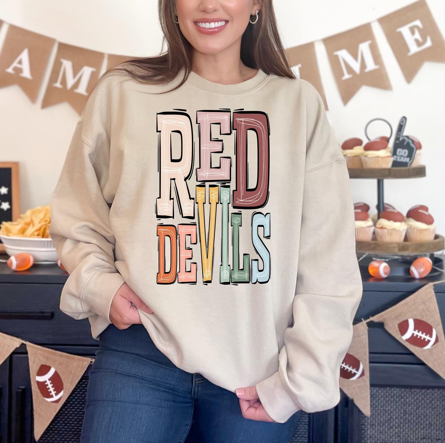 Red Devils Boho Sporty Varsity Doodle DTF Transfer