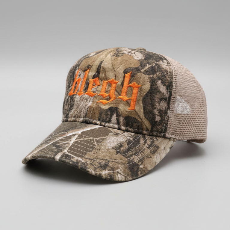 Camouflage baseball cap with mesh back on a gray background