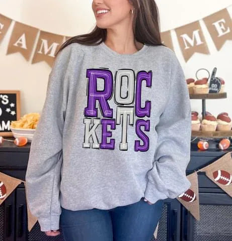 Rockets Purple and White Sporty Varsity Doodle DTF Transfer - Merch Girls