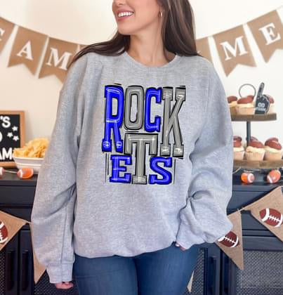 Rockets Royal Blue and Silver Sporty Varsity Doodle DTF Transfer - Merch Girls