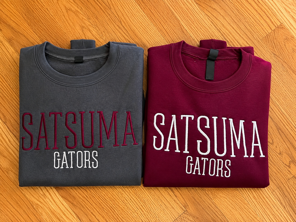Two folded short-sleeve T-shirts laid flat on a wood floor: one burgundy with large white 'SATSUMA GATORS' text, and one dark gray with large red 'SATSUMA GATORS' text.