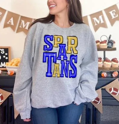 Spartans Royal Blue and Yellow Gold Sporty Varsity Doodle DTF Transfer - Merch Girls