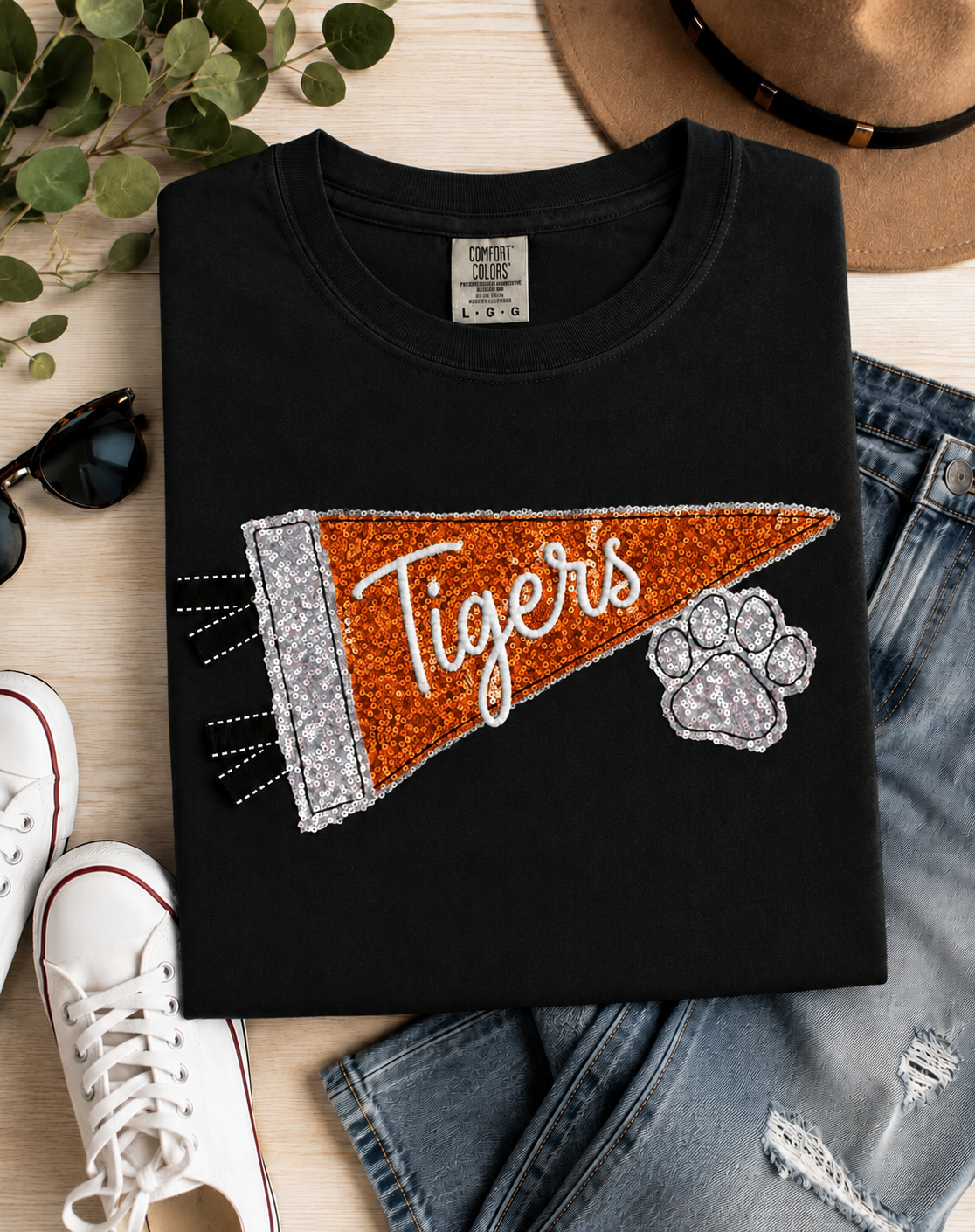 Personalized Sequin Pennant Mascot Embroidered T-Shirt | Paw Accent