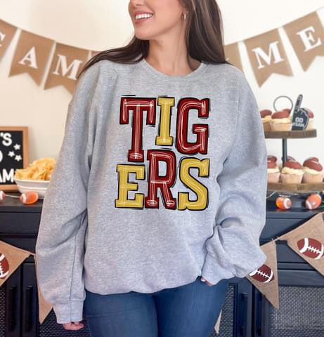 Tigers Burgundy and Gold Sporty Varsity Doodle DTF Transfer