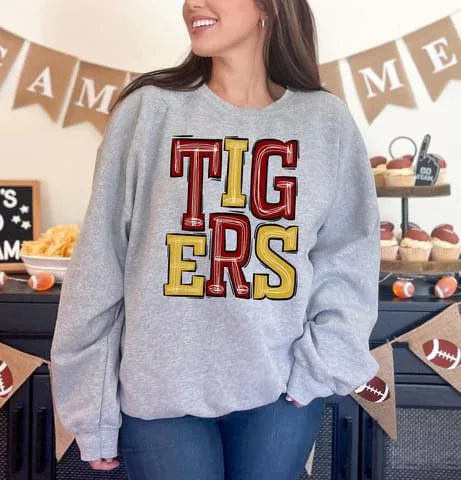 Tigers Burgundy and Gold Sporty Varsity Doodle DTF Transfer - Merch Girls