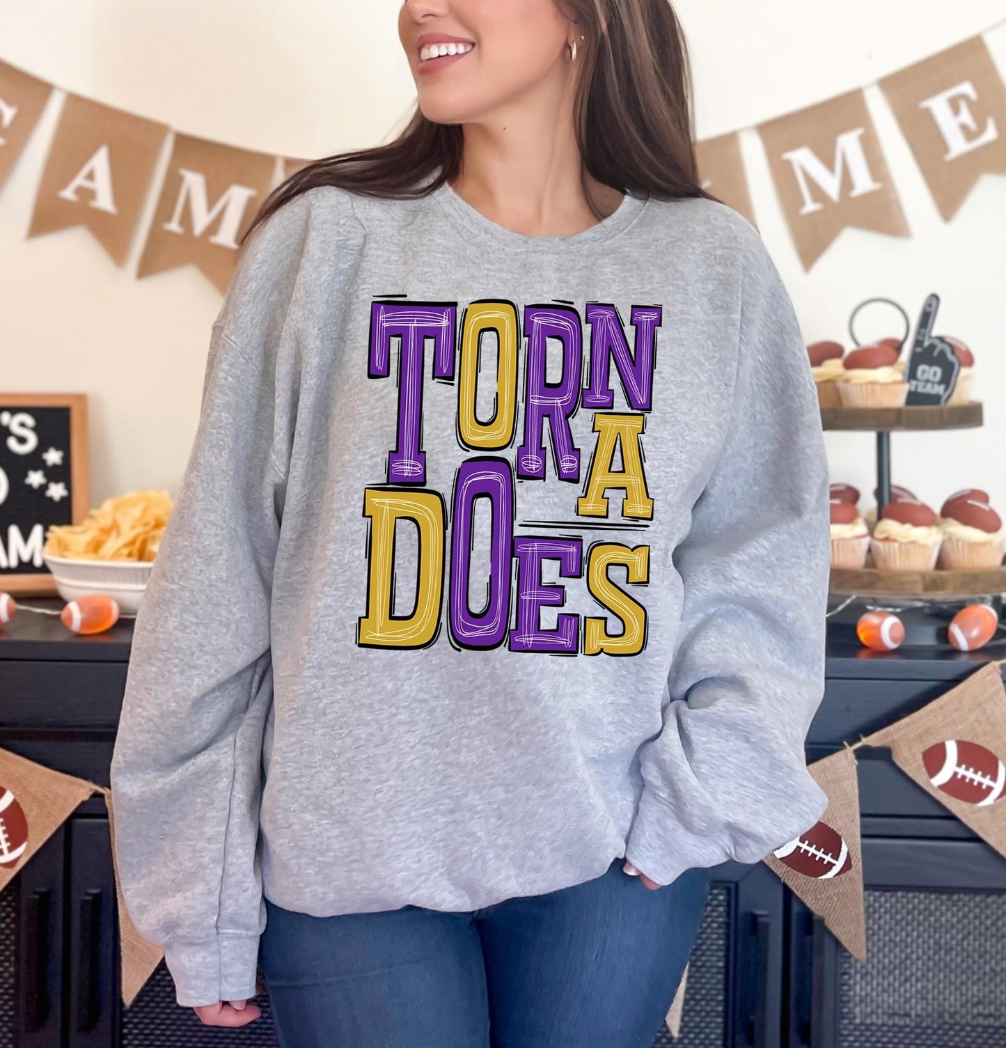 Tornadoes Purple and Yellow Gold Sporty Varsity Doodle DTF Transfer