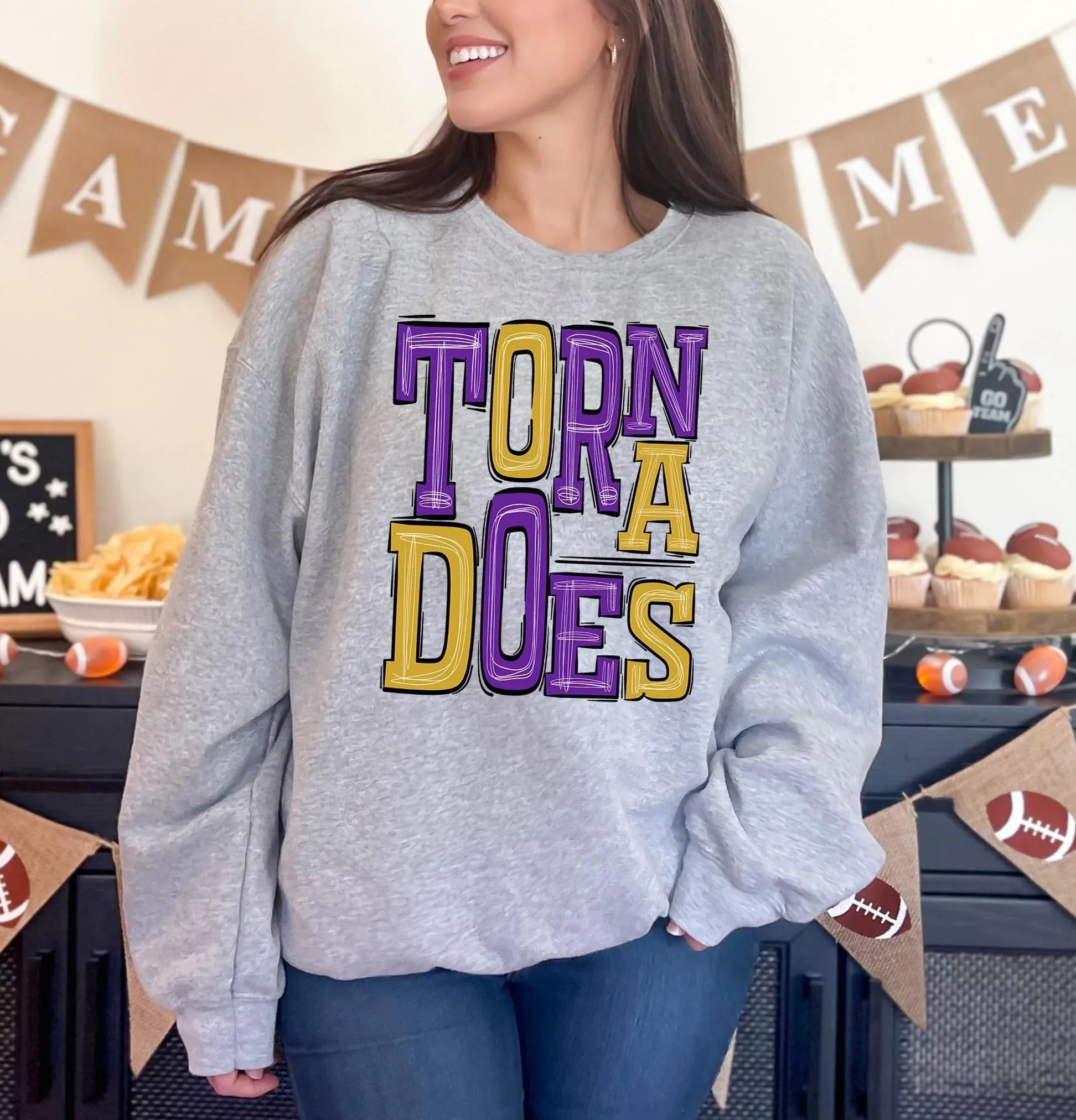 Tornadoes Purple and Yellow Gold Sporty Varsity Doodle DTF Transfer - Merch Girls