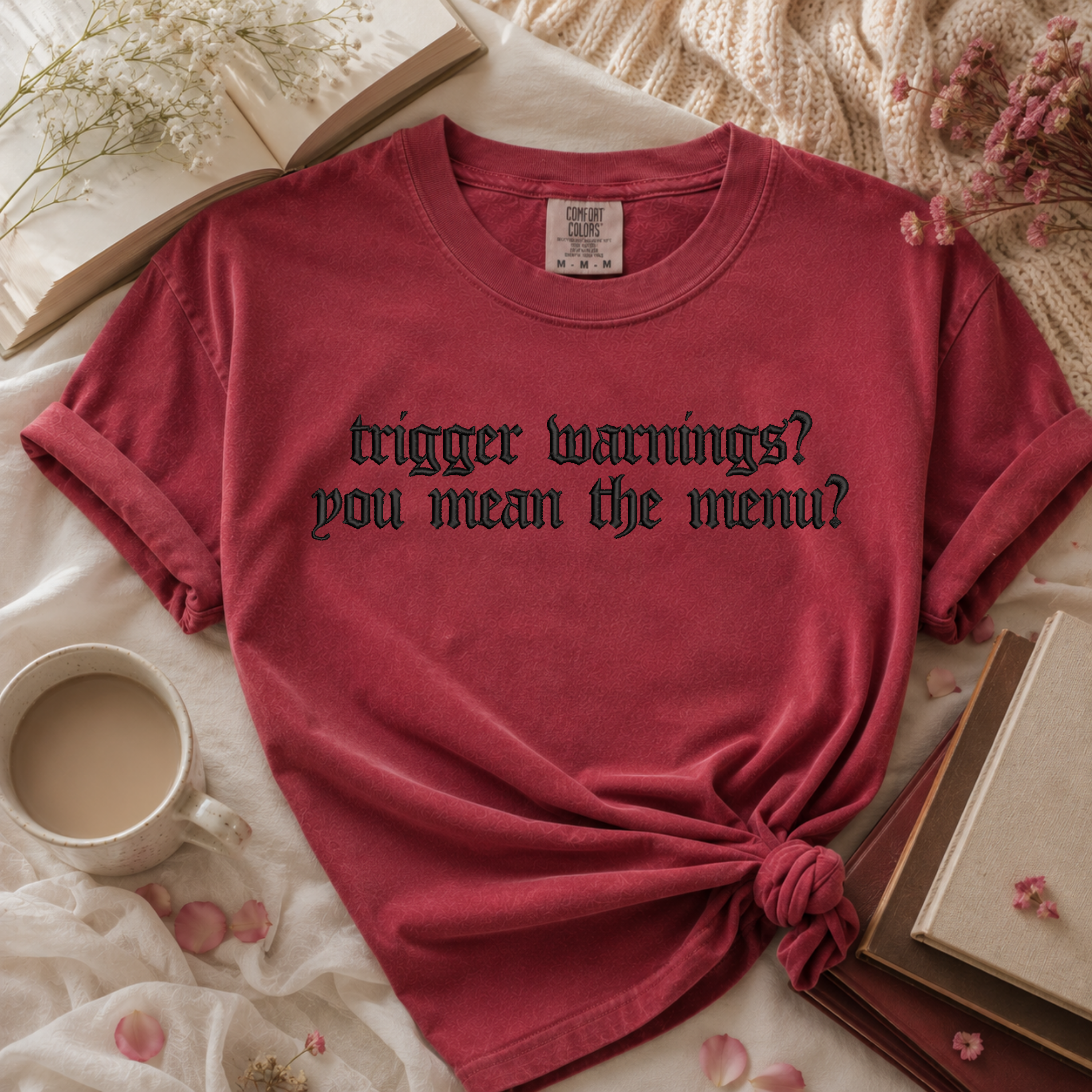 The Menu Is the Warning | Trigger Warnings Embroidered Bookish Shirt
