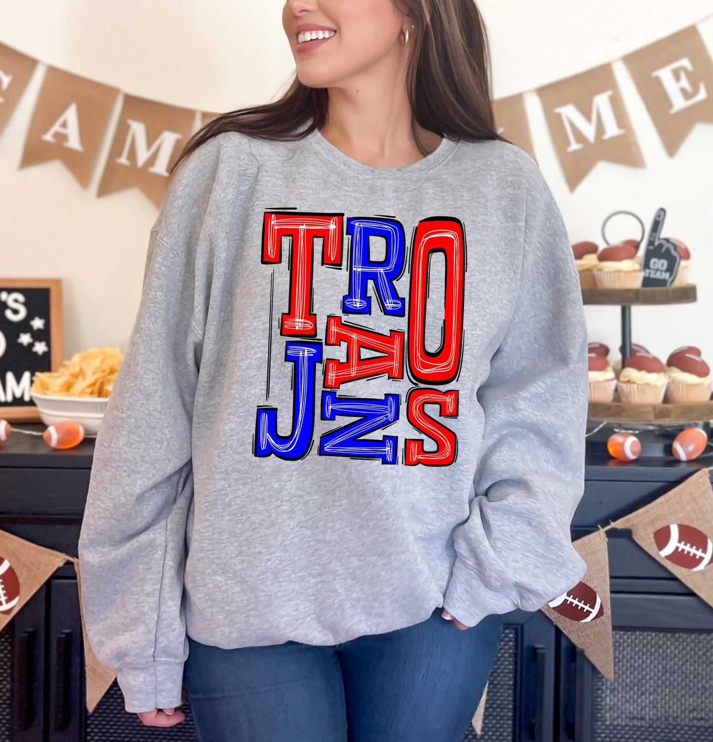 Trojans Red and Royal Blue Sporty Varsity Doodle DTF Transfer