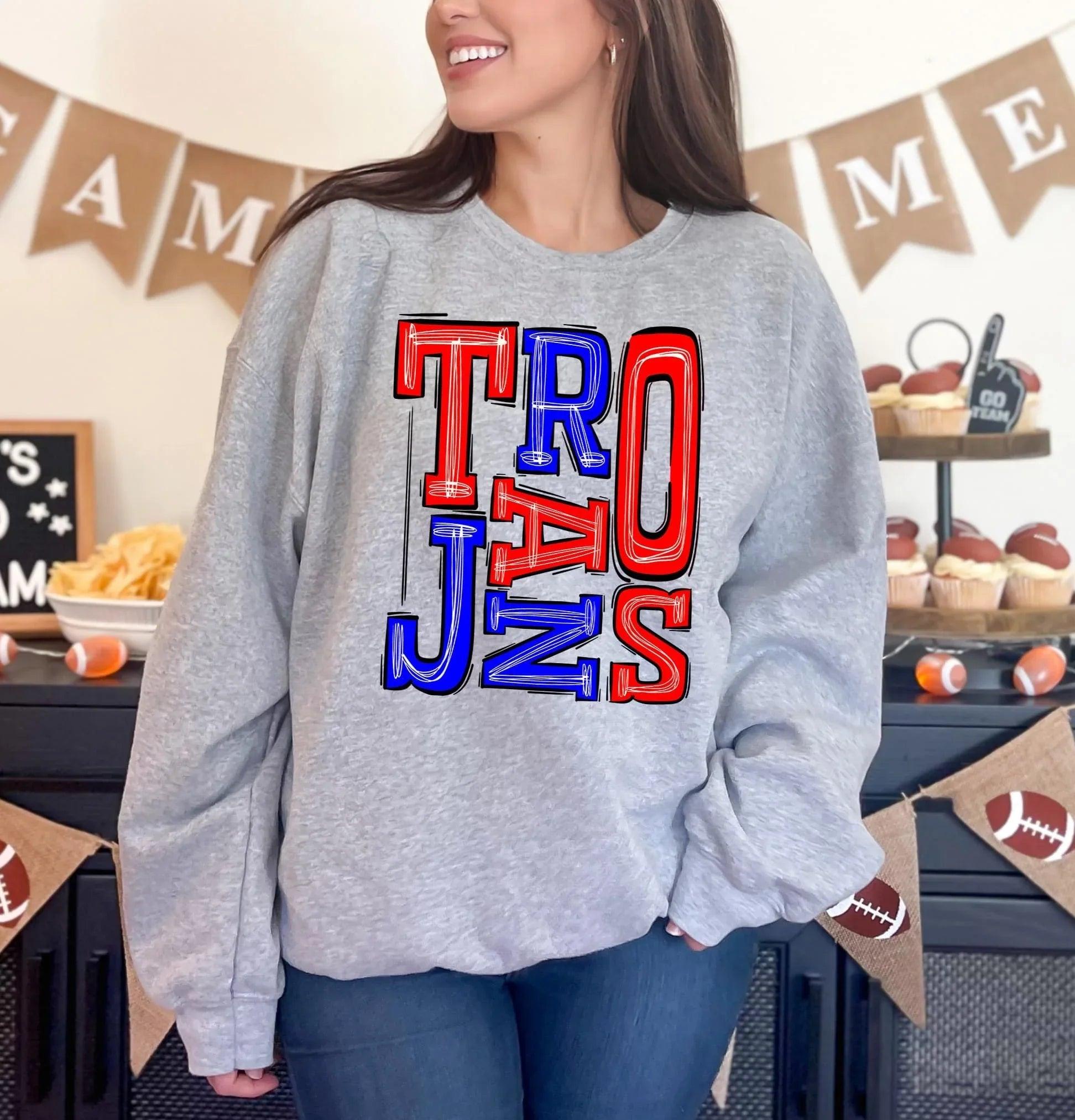 Trojans Red and Royal Blue Sporty Varsity Doodle DTF Transfer - Merch Girls