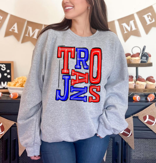 Trojans Red and Royal Blue Sporty Varsity Doodle DTF Transfer