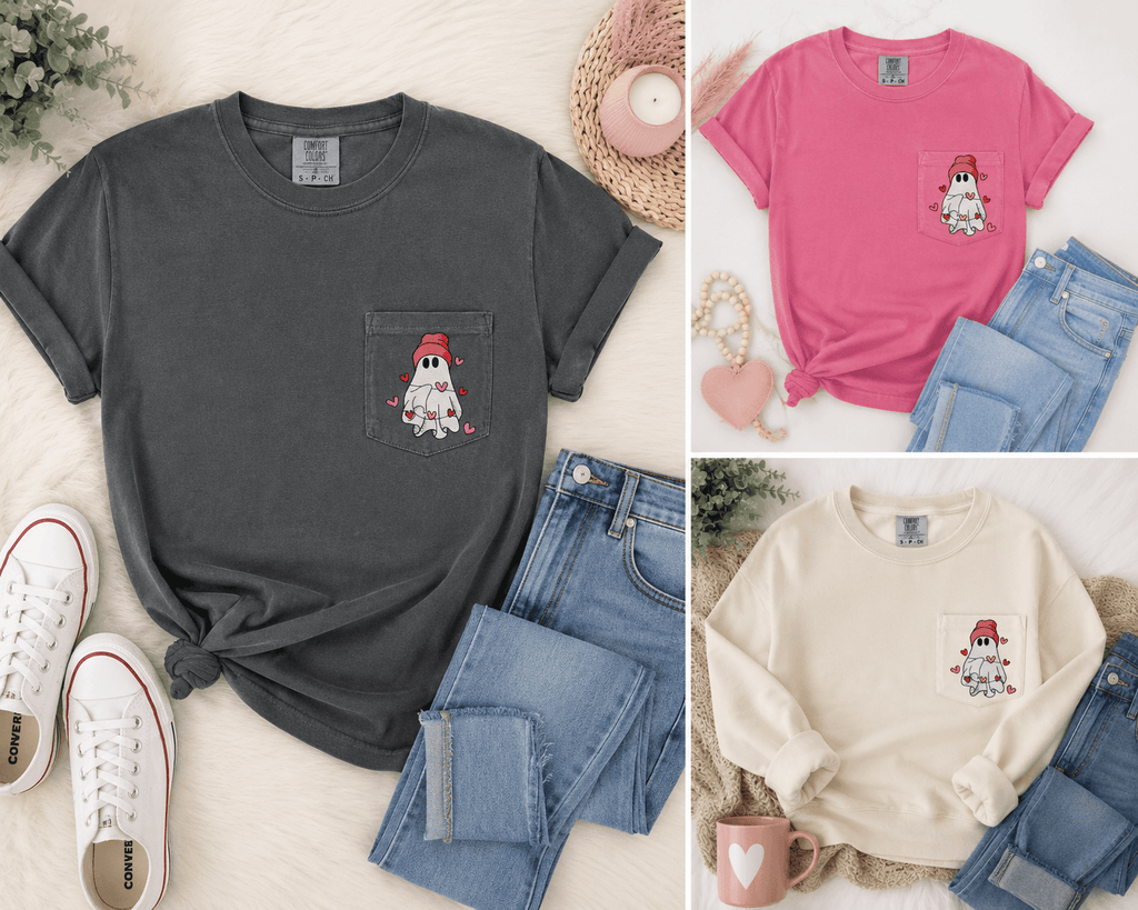 Embroidered Valentine Ghost Pocket Shirt | Comfort Colors