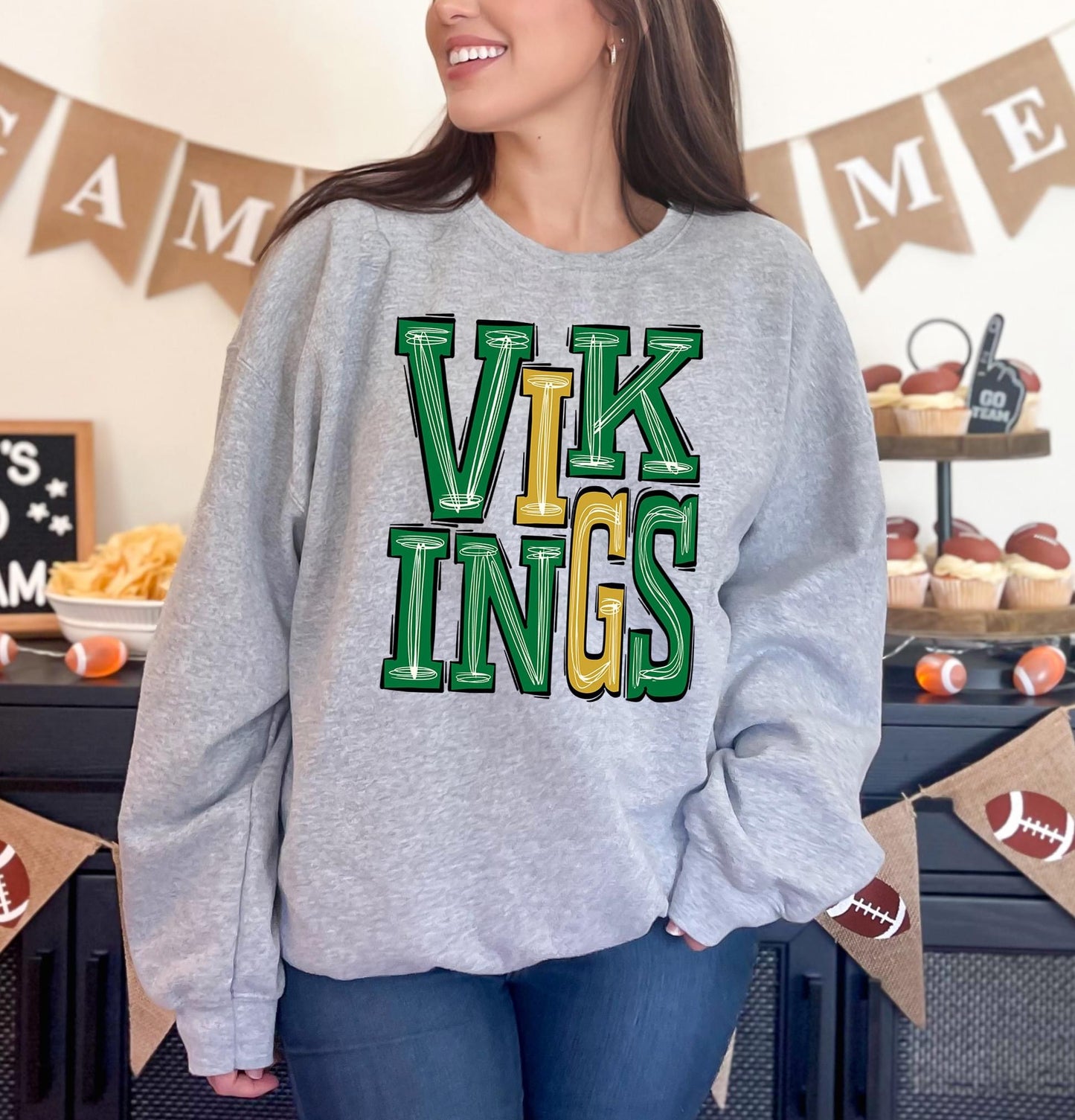 Vikings Green and Yellow Gold Sporty Varsity Doodle DTF Transfer