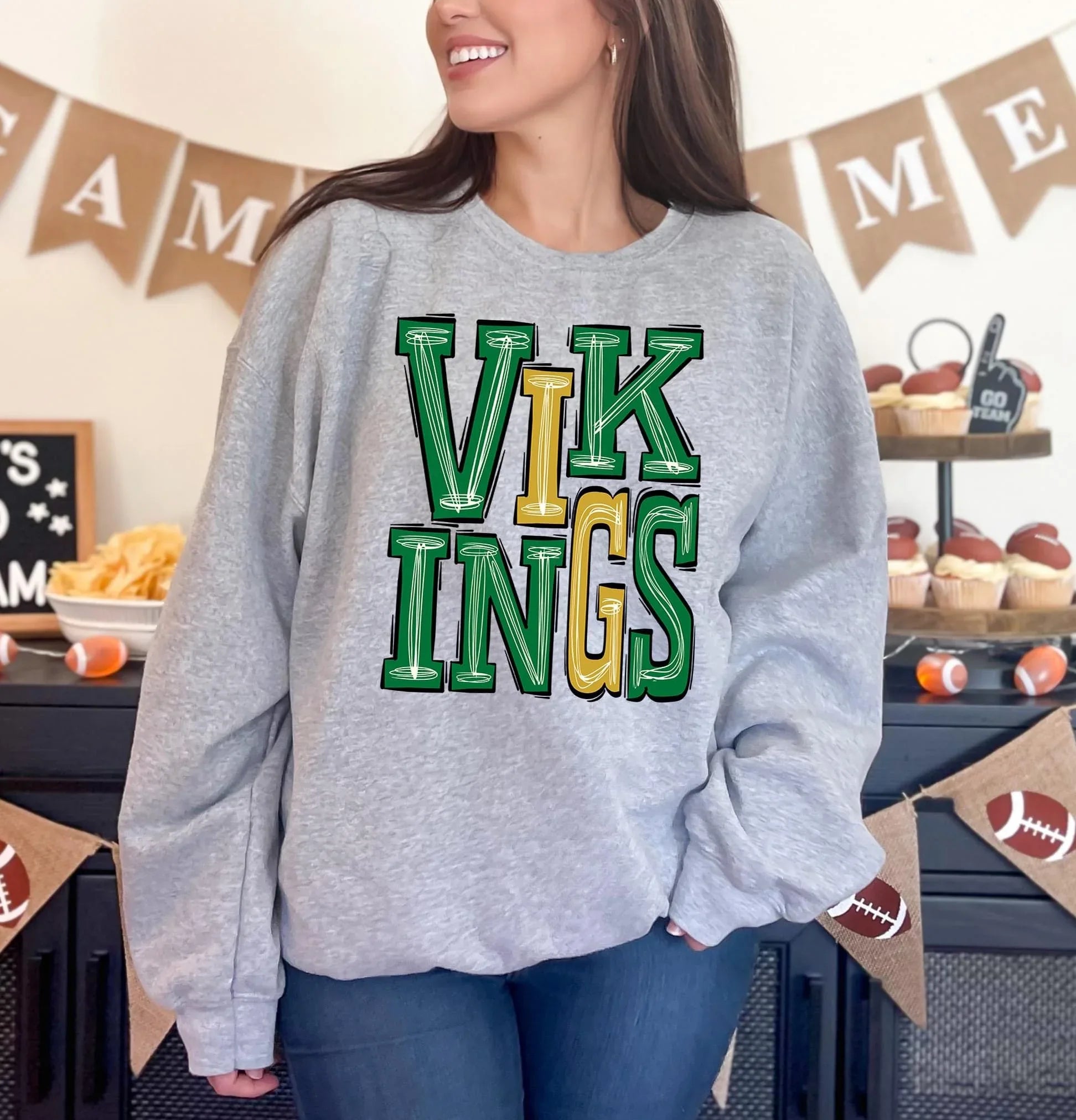 Vikings Green and Yellow Gold Sporty Varsity Doodle DTF Transfer - Merch Girls