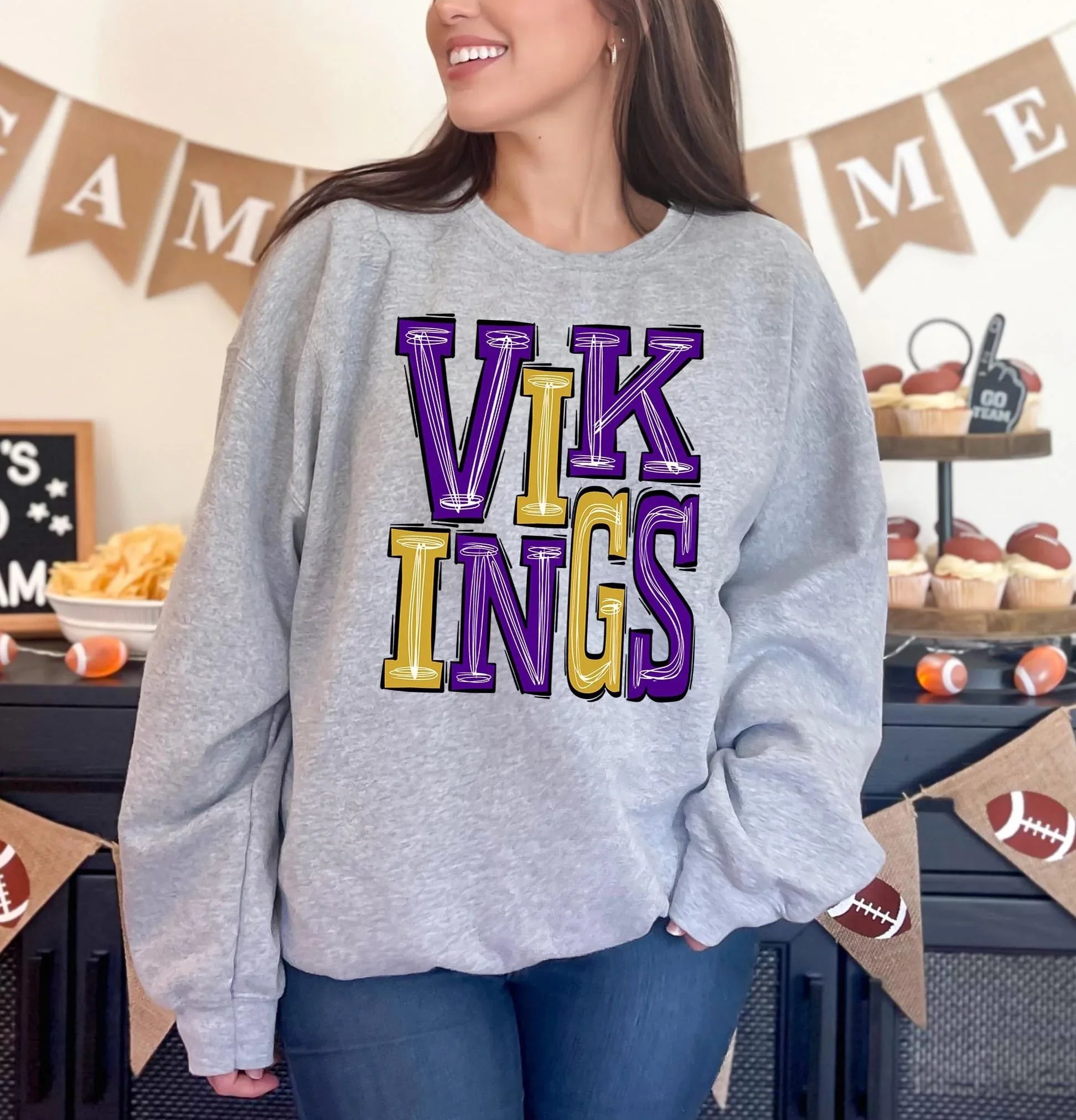 Vikings Purple and Yellow Gold Sporty Varsity Doodle DTF Transfer - Merch Girls