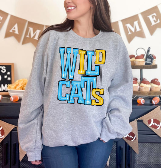 Wildcats Light Blue and Yellow Sporty Varsity Doodle DTF Transfer