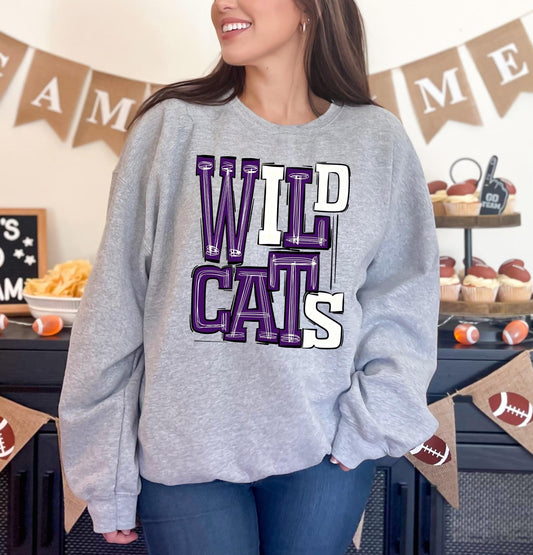 Wildcats Purple and White Sporty Varsity Doodle DTF Transfer