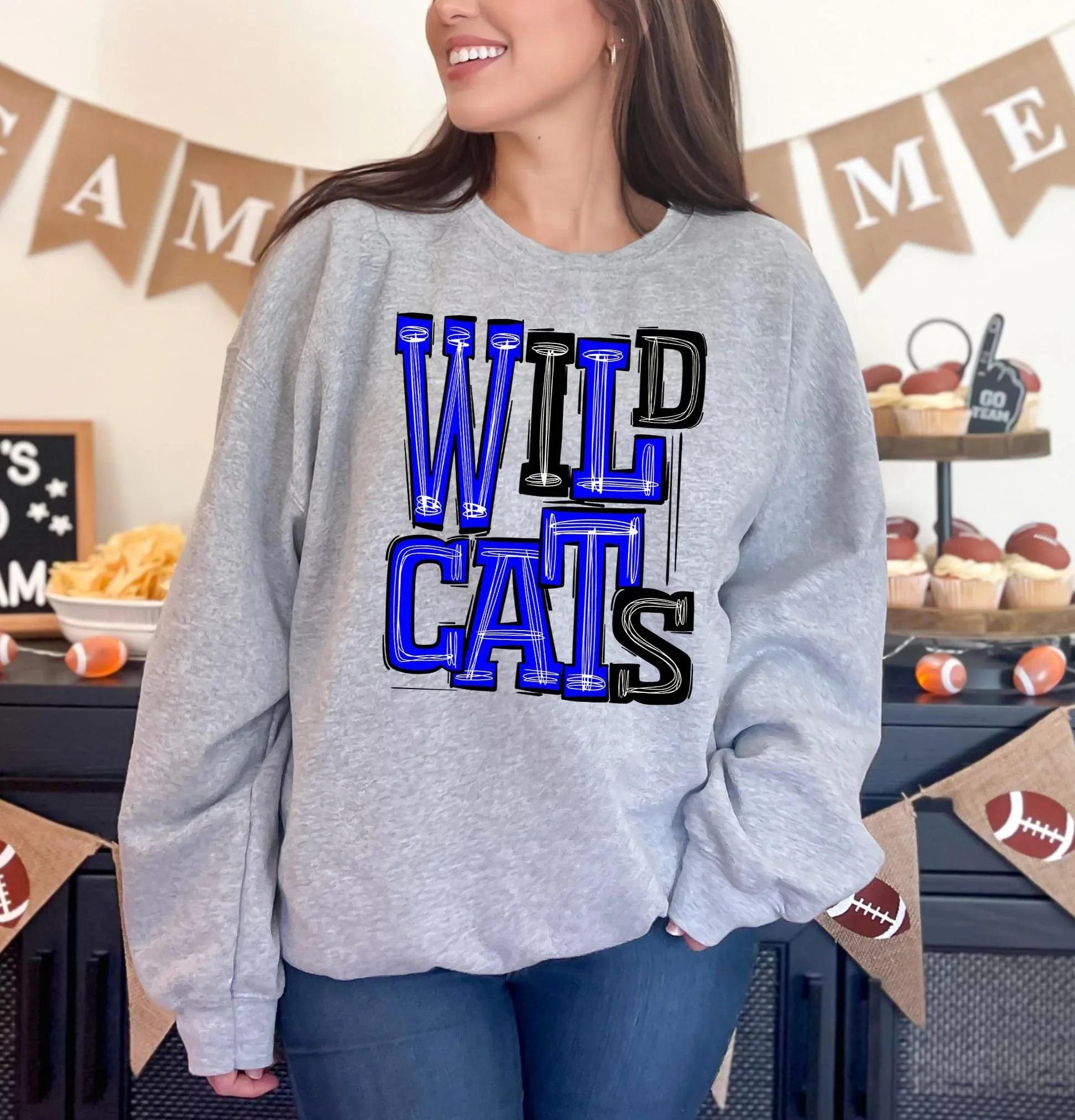 Wildcats Royal Blue and Black Sporty Varsity Doodle DTF Transfer - Merch Girls