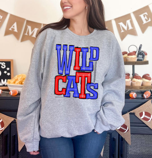 Wildcats Royal Blue and Red Sporty Varsity Doodle DTF Transfer