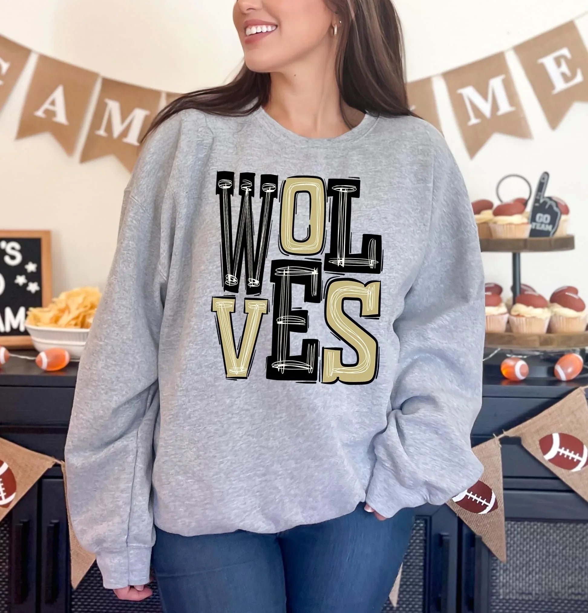 Wolves Old Gold and Black Sporty Varsity Doodle DTF Transfer - Merch Girls