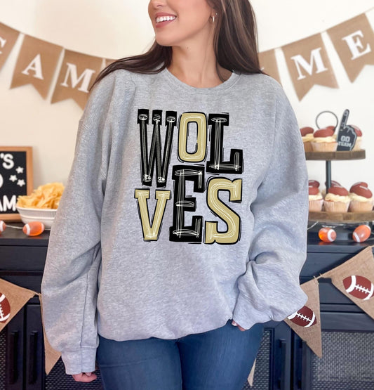 Wolves Old Gold and Black Sporty Varsity Doodle DTF Transfer