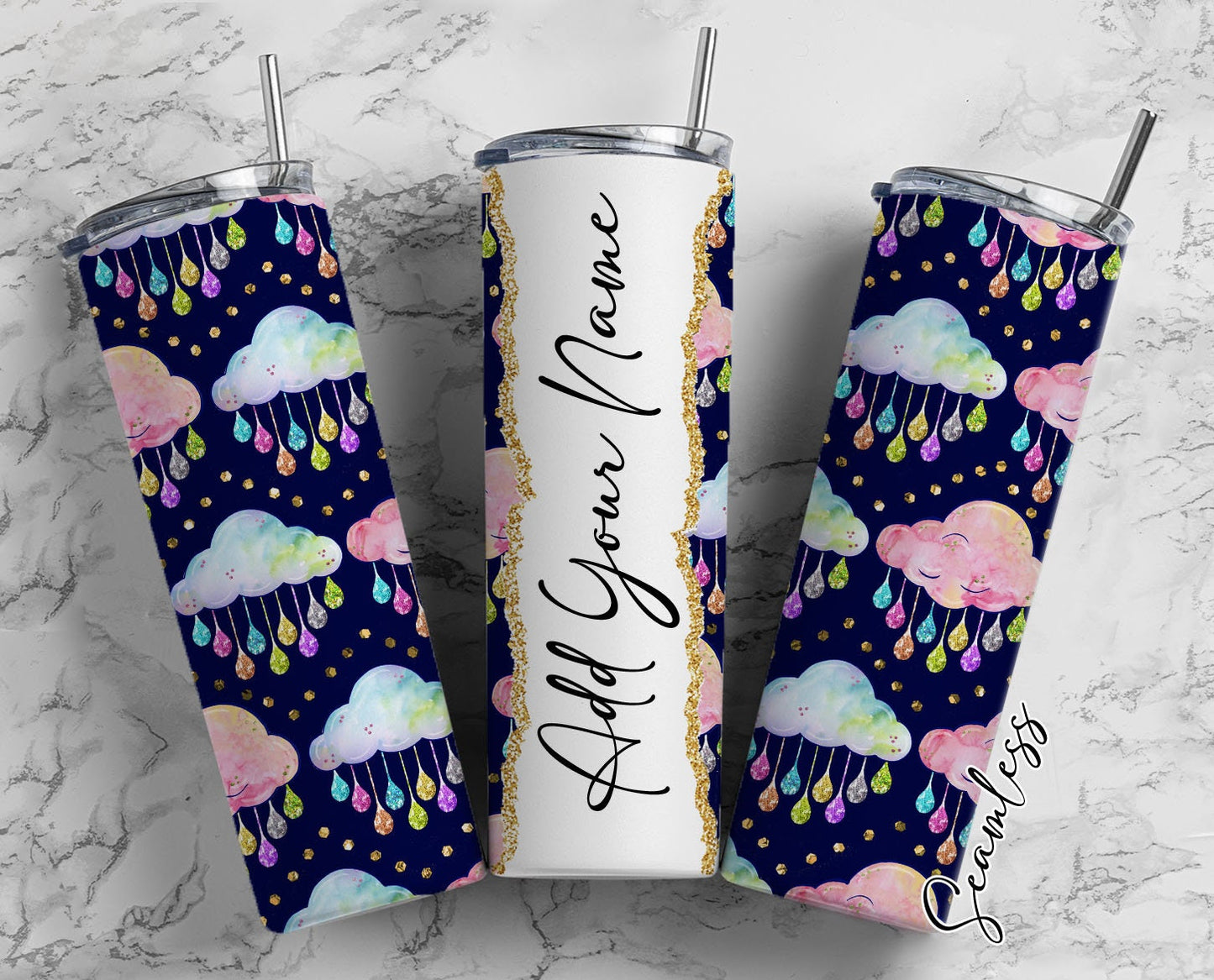 Personalized Rainbow Rain Clouds Completed 20oz Skinny Tumbler