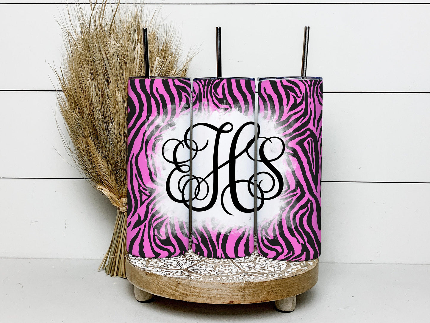 Pink Zebra Monogram 20oz Stainless Steel Skinny Tumbler