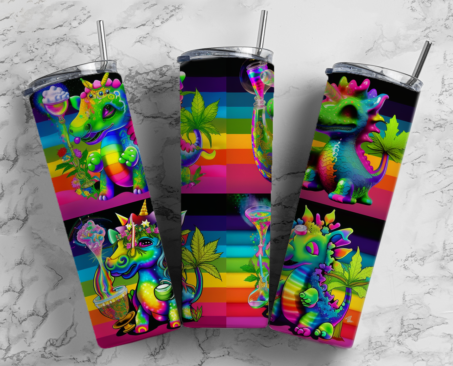 Neon Quadruple Marijuana Dragon Completed 20oz Skinny Tumbler