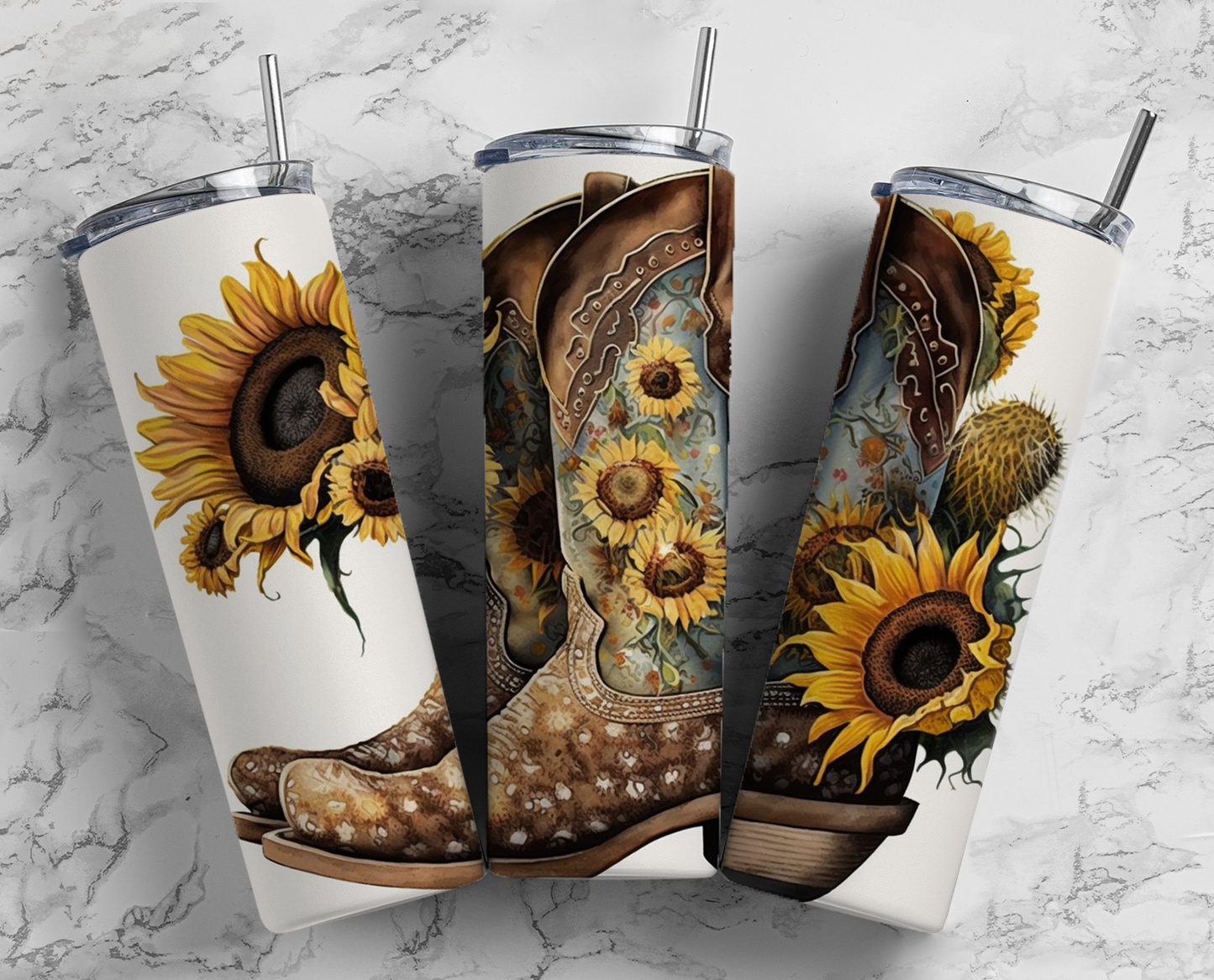 Sunflower Cowgirl Boots Completed 20oz Skinny Tumbler