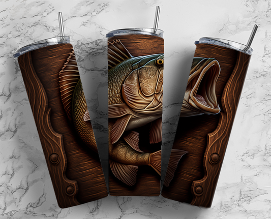 Faux Wood Bass Fish Trophy Completed 20oz Skinny Tumbler