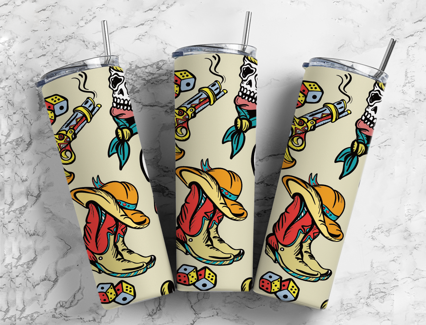 Flash Art Tattoo Boots and Skull Completed 20oz Skinny Tumbler