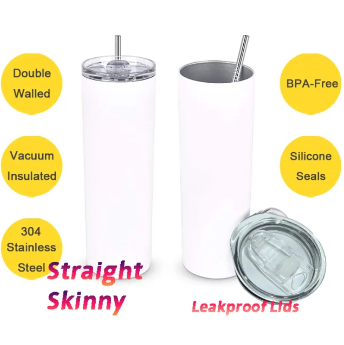 Blank 20oz Straight Stainless Steel Sublimation Tumbler with Plastic Straw