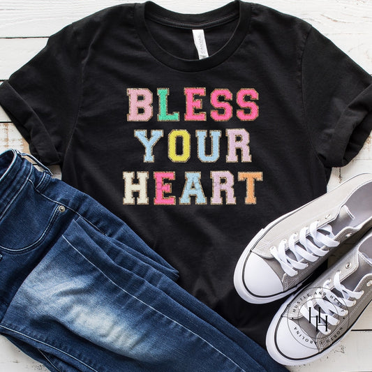 Bless Your Heart Colorful Faux Chenille Letters Graphic Tee