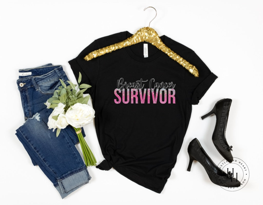 Breast Cancer Survivor Hot Pink And Faux Glitter Drip Graphic Tee Shirt