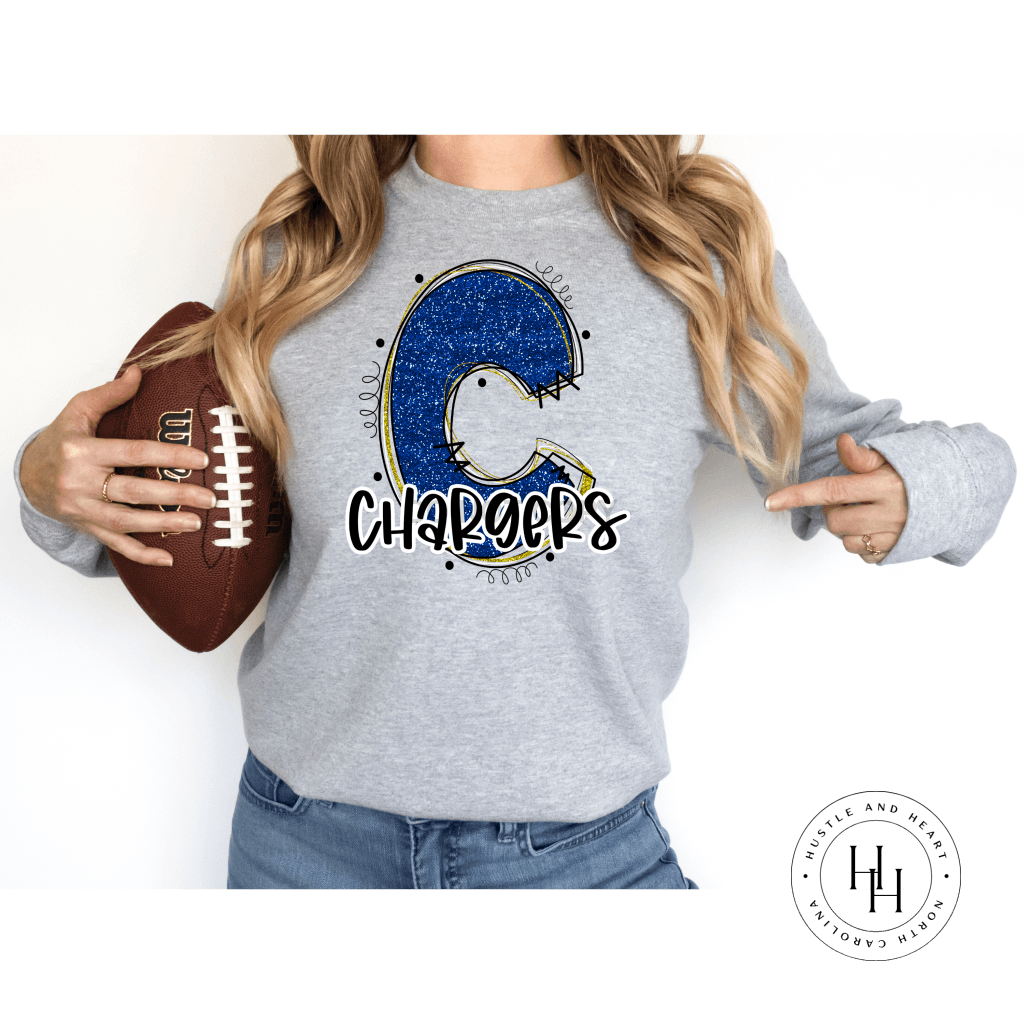 Chargers Yellow/blue Glitter Varsity Doodle Unisex Tee